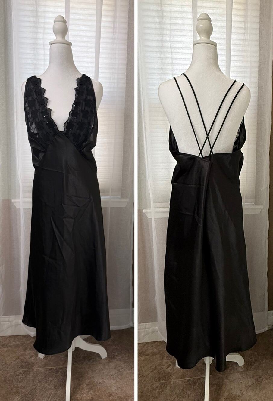 VTG Intimo Amore Black Lace Slip Dress Large Satin Open Back Strappy Romantic